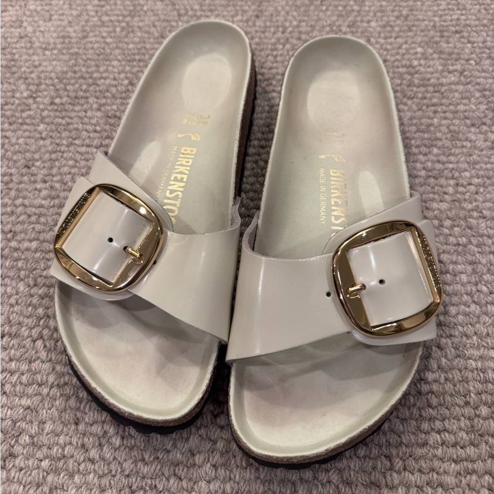 Birkenstock Madrid Single Strap Sandals with Gold Buckle in Cream